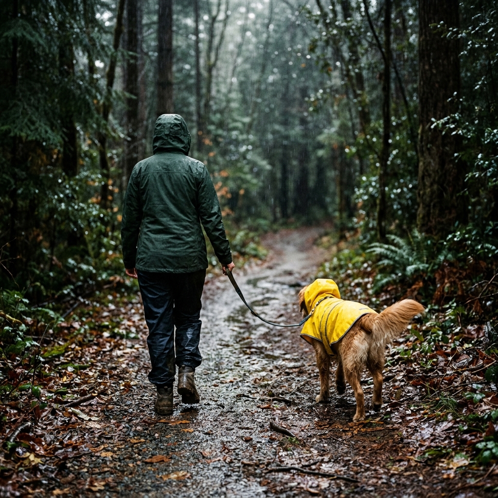 Perro con impermeable en bosque