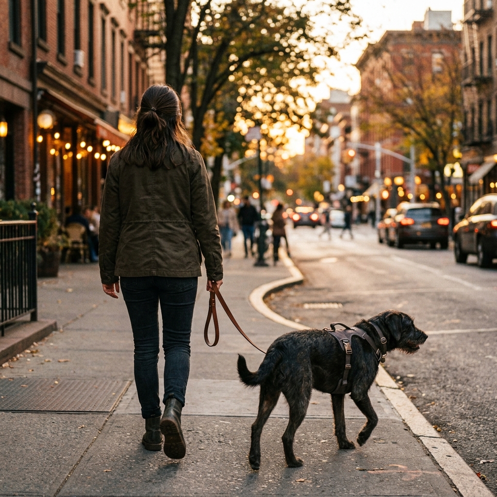 Perro con arnés en ciudad